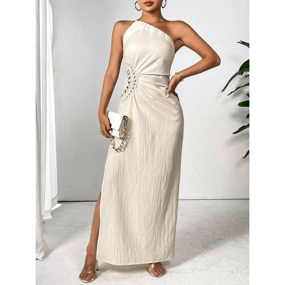 Elegant shoulder sleeveless maxi dress in timeless luxury fashion for woman $42.99 stunning slit detail