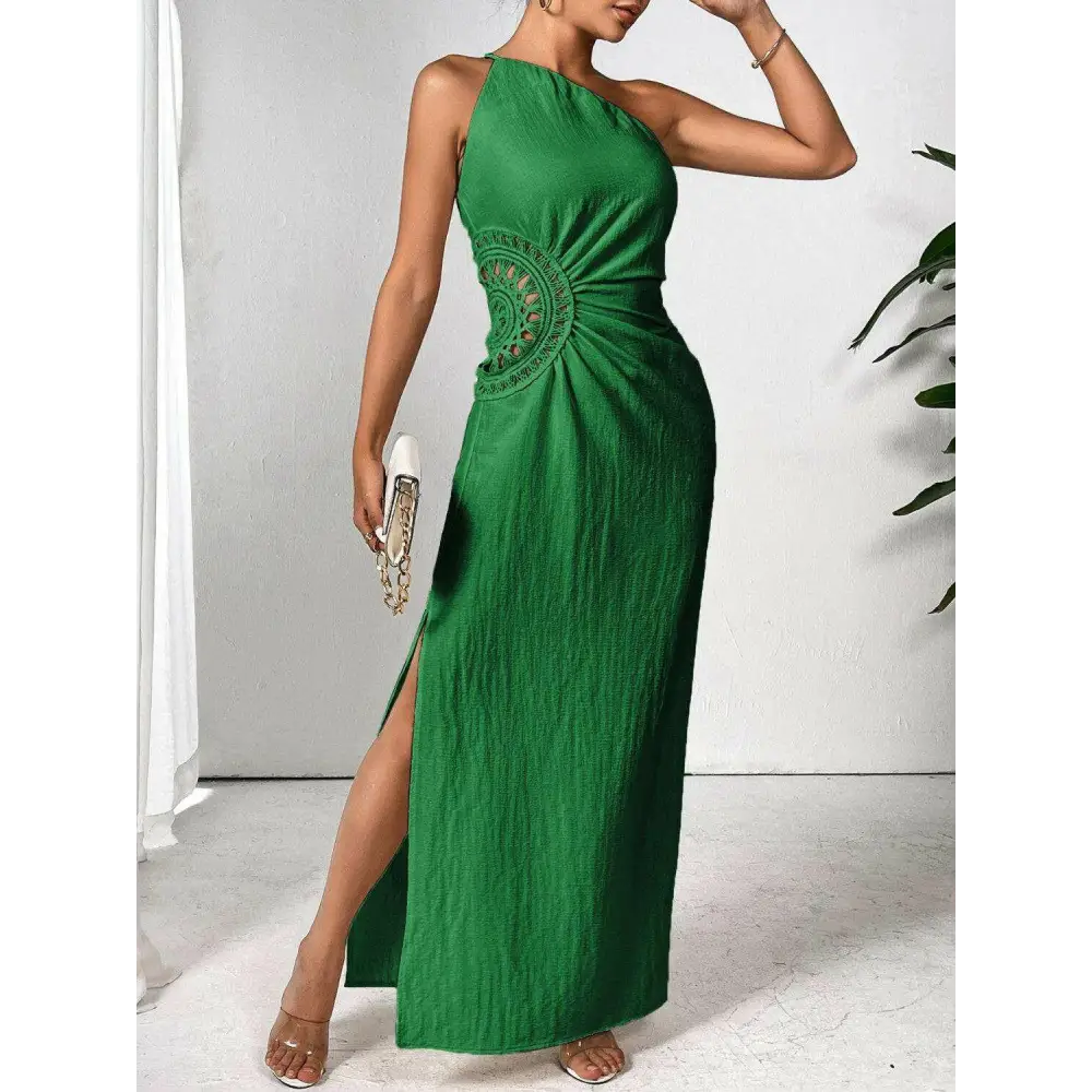 Elegant shoulder sleeveless maxi dress in timeless luxury fashion for woman $42.99 stunning slit detail