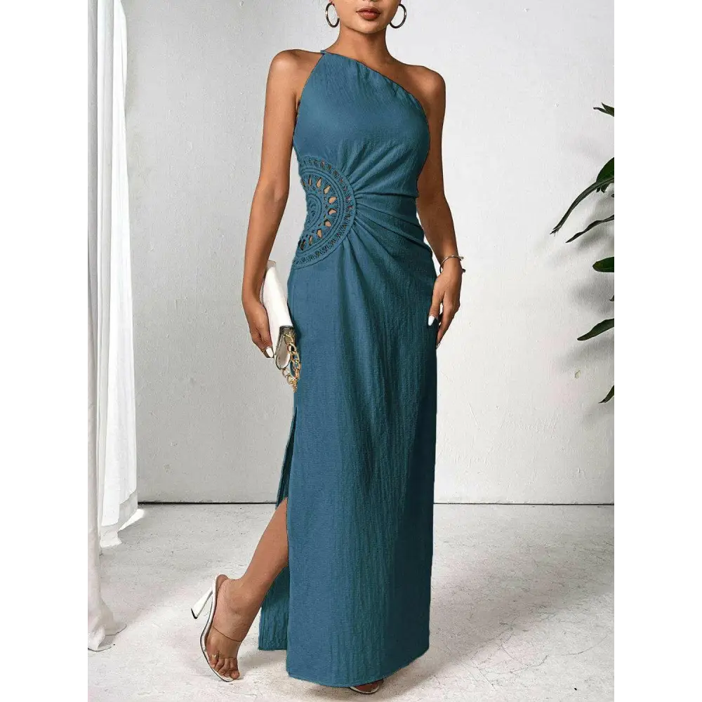 Elegant shoulder sleeveless maxi dress in timeless luxury fashion for woman $42.99 stunning slit detail