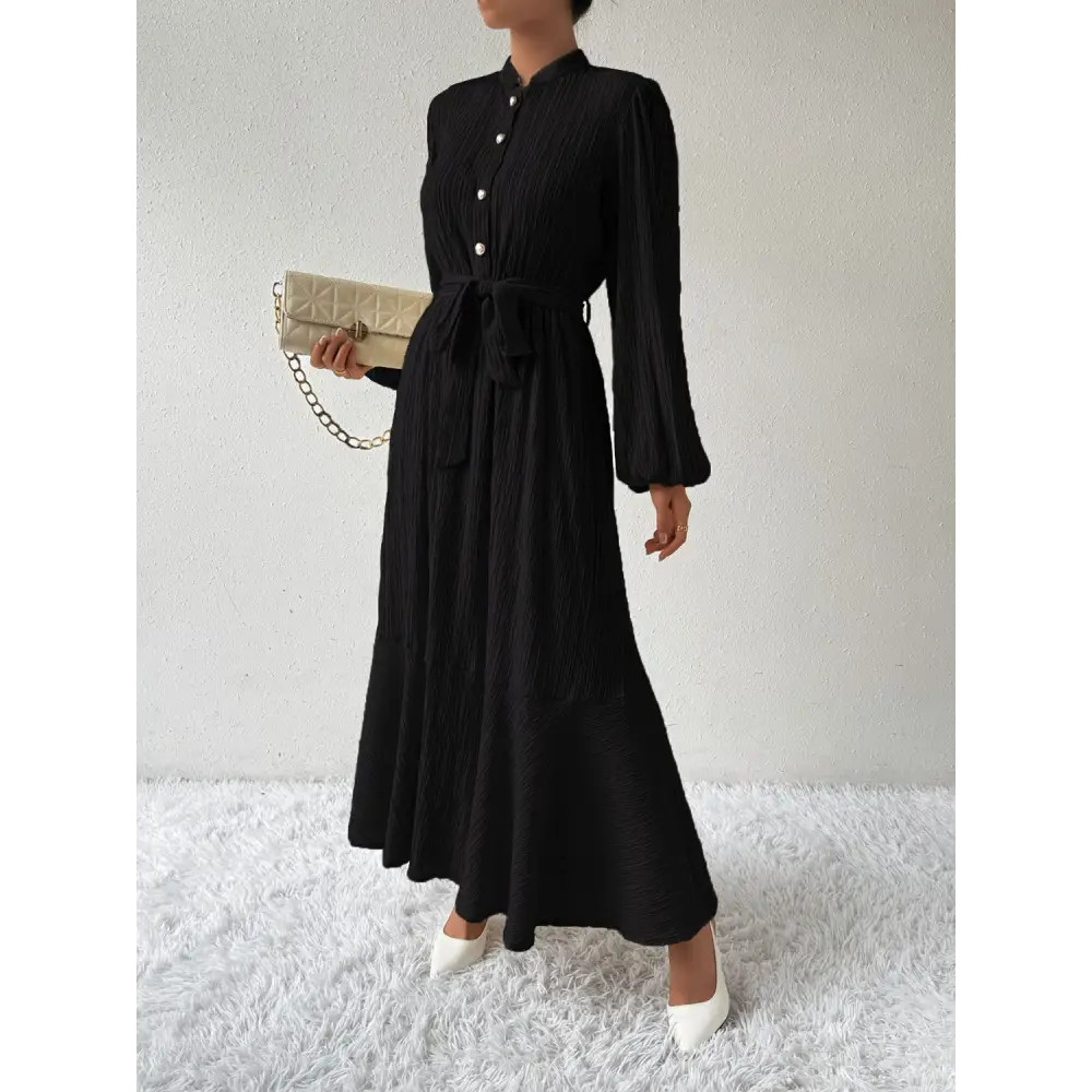 Honey tie waist long sleeve dress for timeless luxury fashion for women $31.99 tied, buttoned opaque no stretch