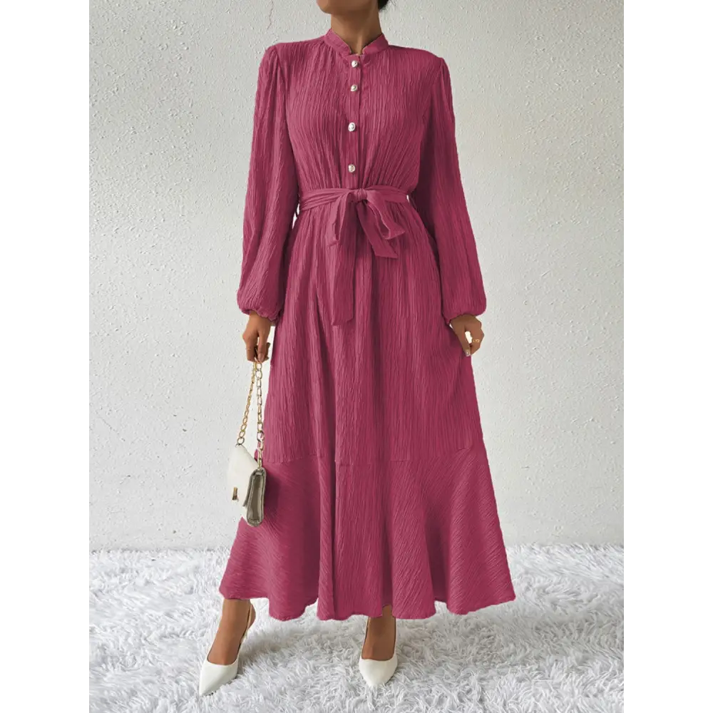 Honey tie waist long sleeve dress for timeless luxury fashion for women $31.99 tied, buttoned opaque no stretch