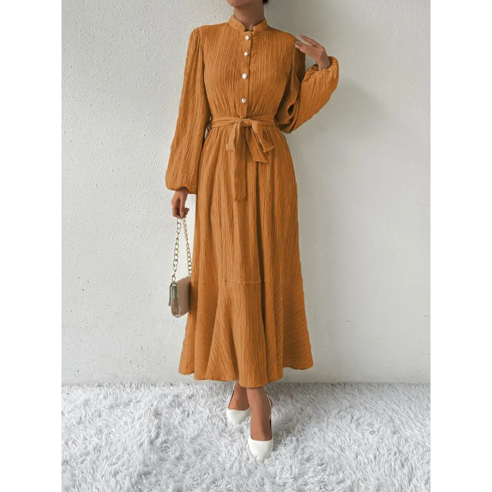 Honey tie waist long sleeve dress for timeless luxury fashion for women $31.99 tied, buttoned opaque no stretch