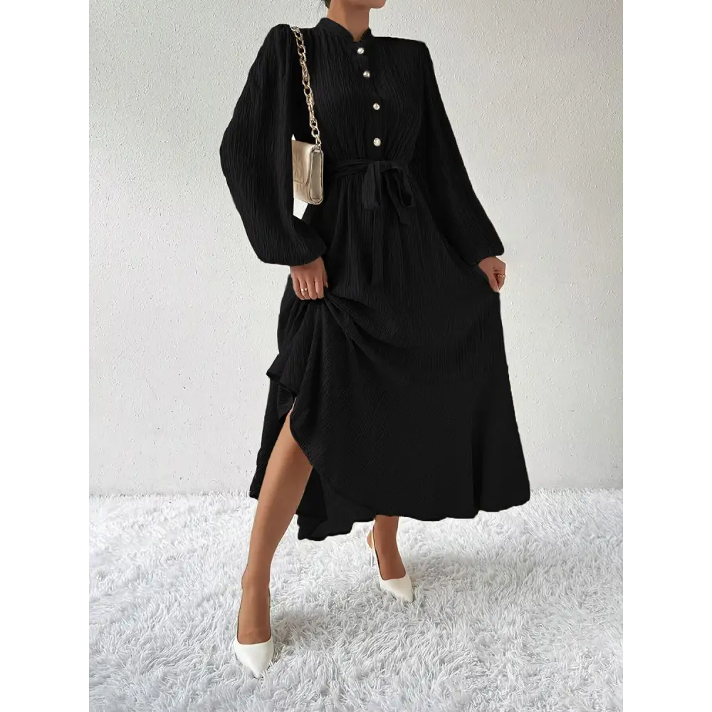 Honey tie waist long sleeve dress for timeless luxury fashion for women $31.99 tied, buttoned opaque no stretch