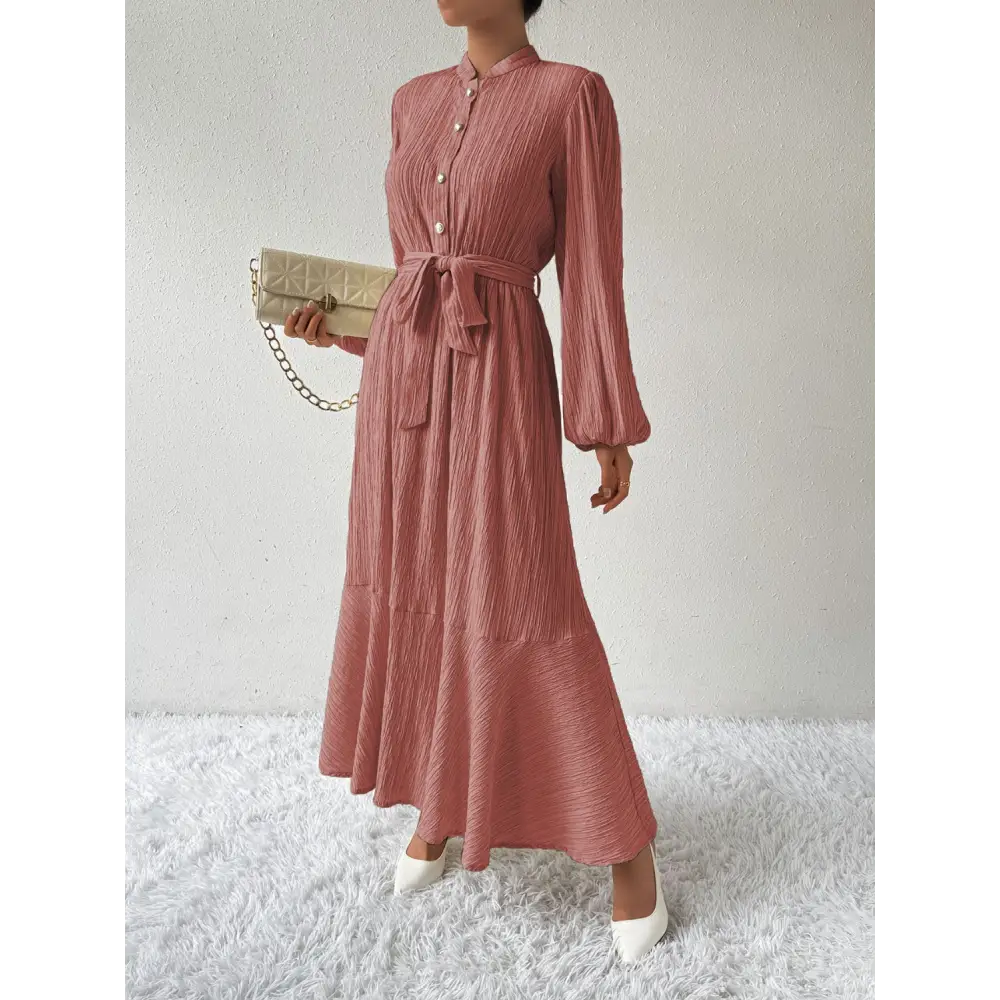 Honey tie waist long sleeve dress for timeless luxury fashion for women $31.99 tied, buttoned opaque no stretch