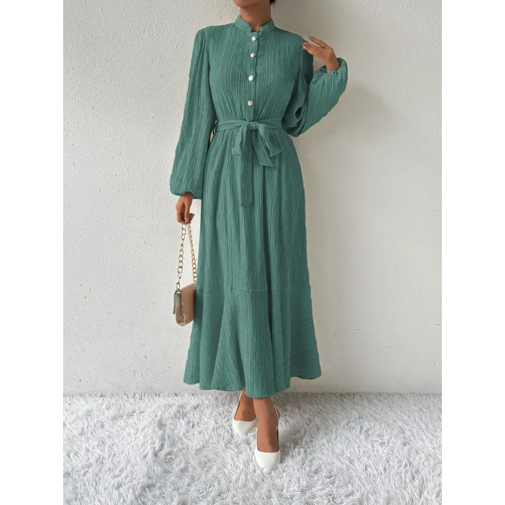 Honey tie waist long sleeve dress for timeless luxury fashion for women $31.99 tied, buttoned opaque no stretch