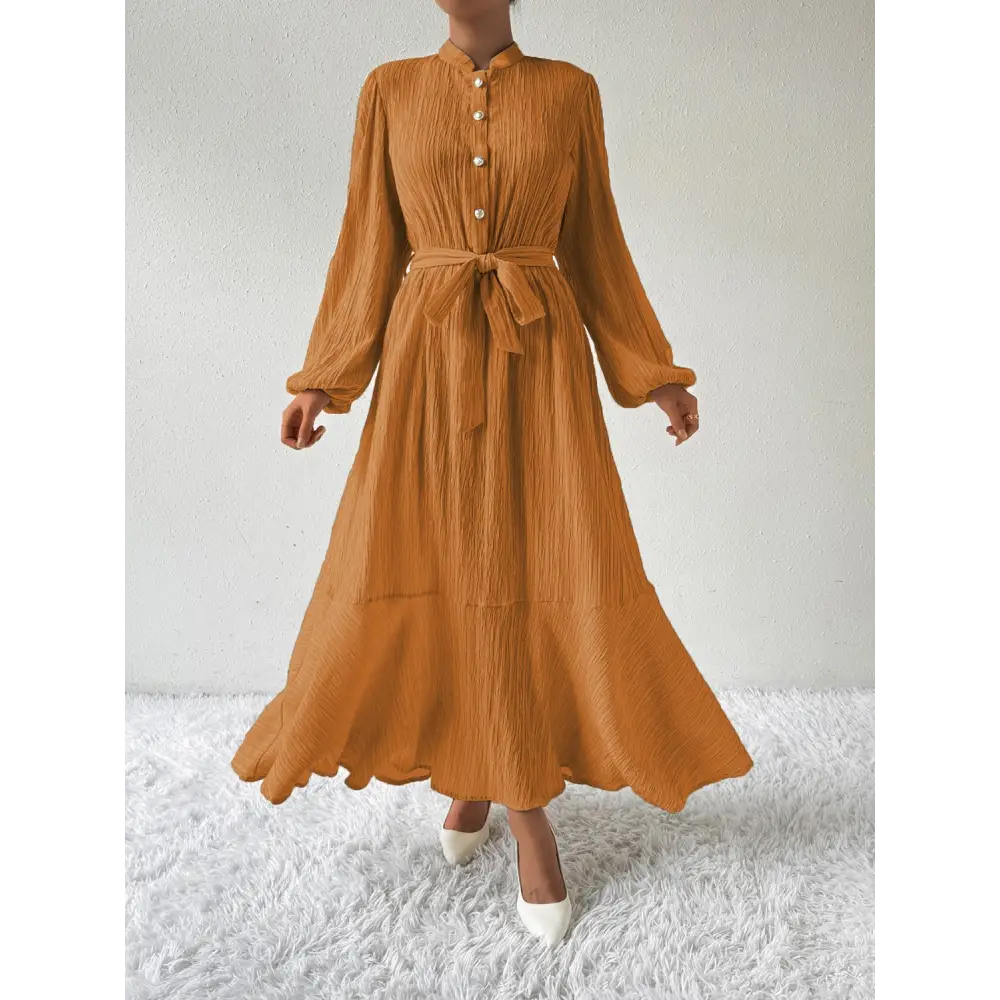 Honey tie waist long sleeve dress for timeless luxury fashion for women $31.99 tied, buttoned opaque no stretch