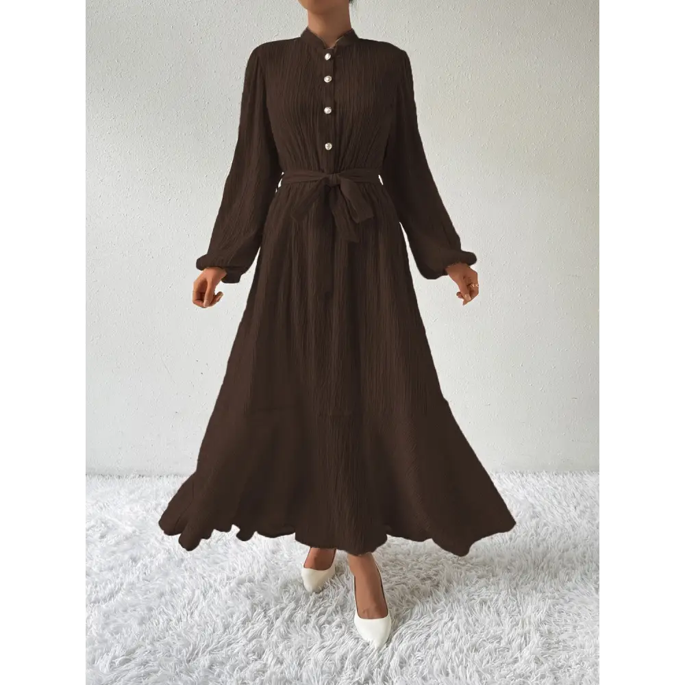 Honey tie waist long sleeve dress for timeless luxury fashion for women $31.99 tied, buttoned opaque no stretch