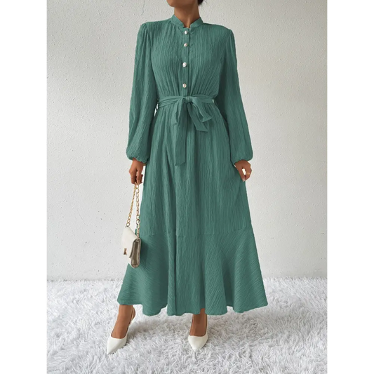 Honey tie waist long sleeve dress for timeless luxury fashion for women $31.99 tied, buttoned opaque no stretch