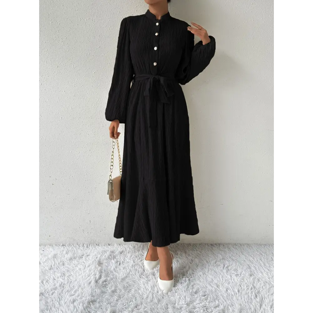 Honey tie waist long sleeve dress for timeless luxury fashion for women $31.99 tied, buttoned opaque no stretch