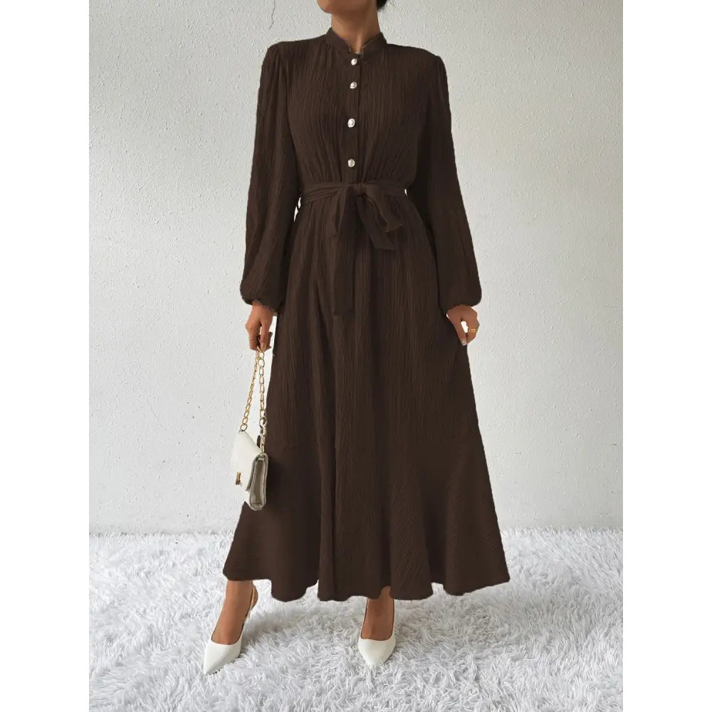 Honey tie waist long sleeve dress for timeless luxury fashion for women $31.99 tied, buttoned opaque no stretch