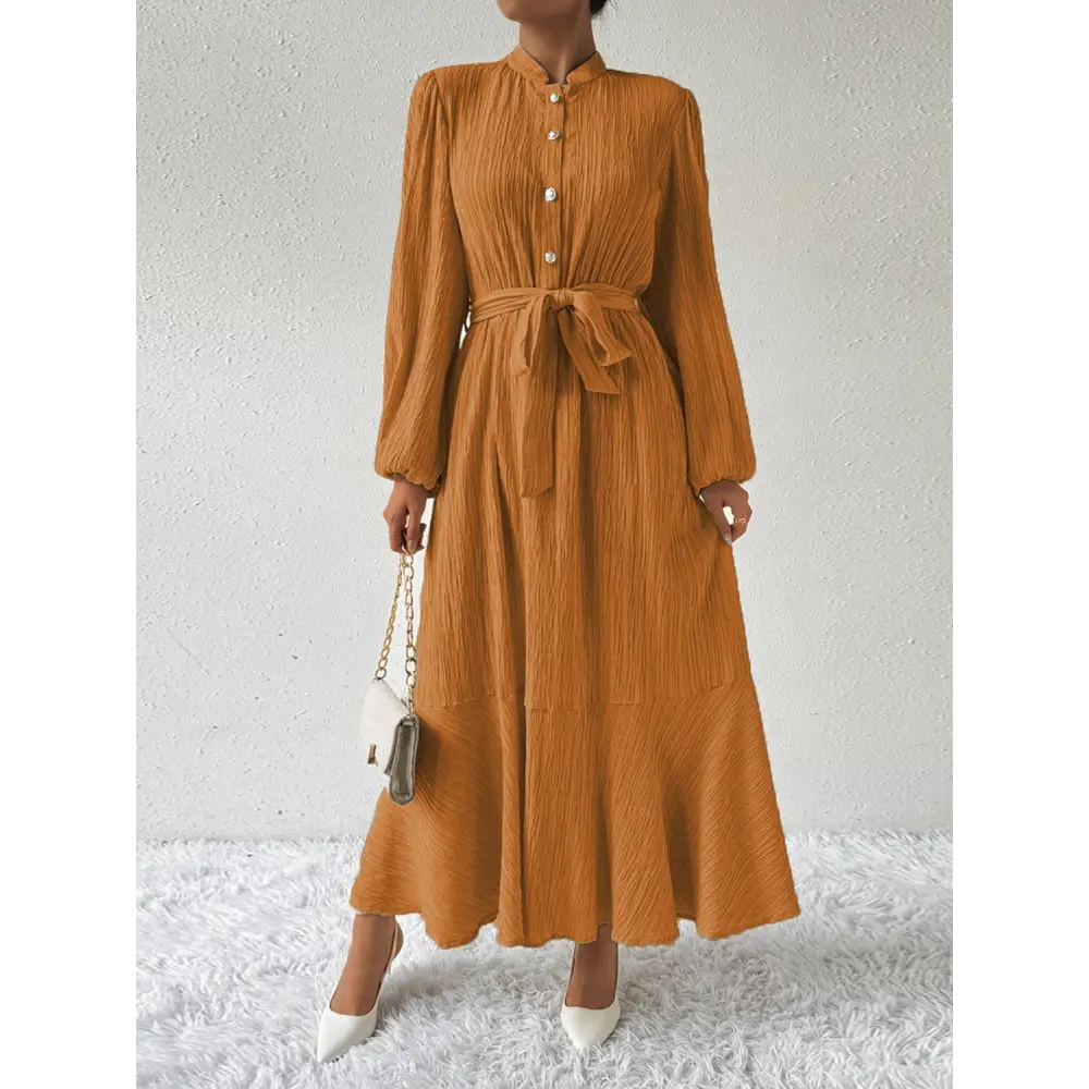 Honey tie waist long sleeve dress for timeless luxury fashion for women $31.99 tied, buttoned opaque no stretch