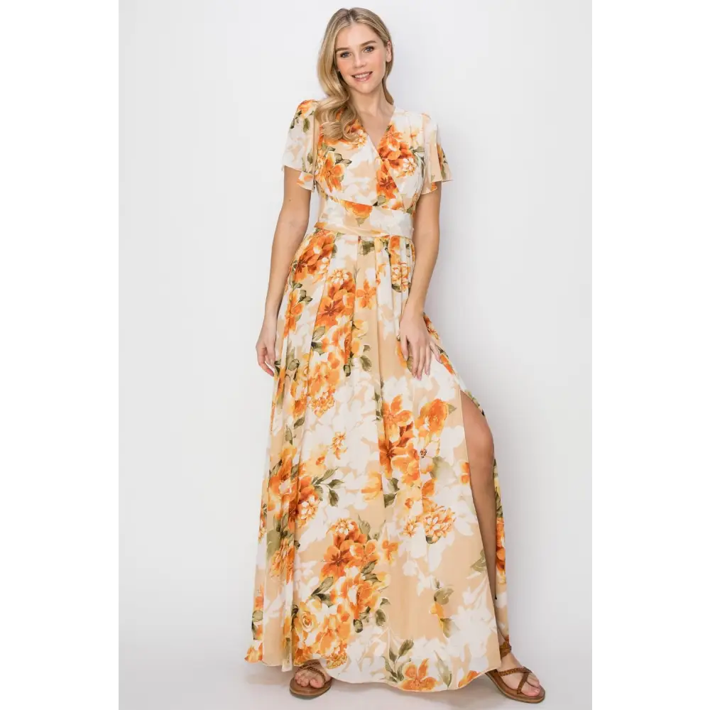 Hyfve floral tie back maxi dress in luxury fashion for women $40.99 this floral tie back short sleeve slit maxi dress