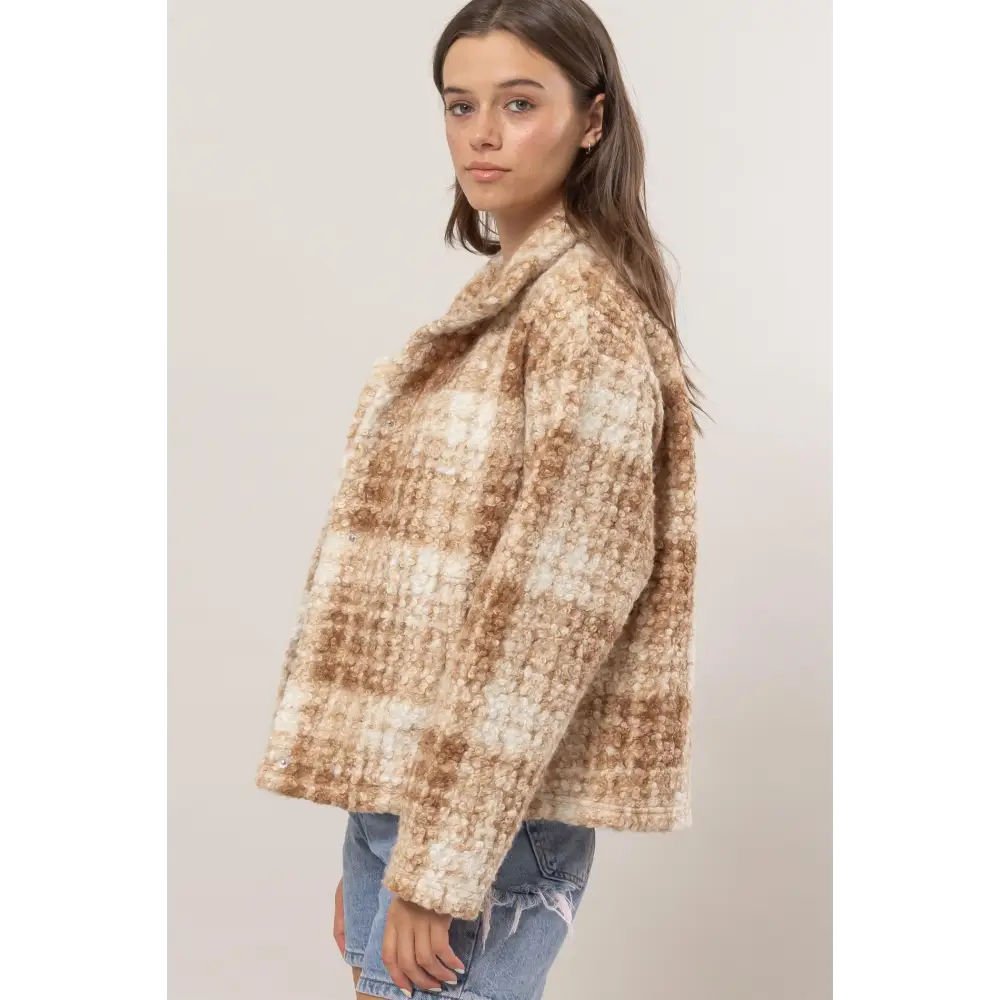 Elevate your wardrobe with luxurious plaid collared boucle jacket $47.96 the plaid collared neck boucle jacket