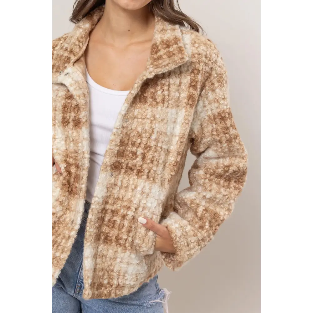 Elevate your wardrobe with luxurious plaid collared boucle jacket $47.96 the plaid collared neck boucle jacket