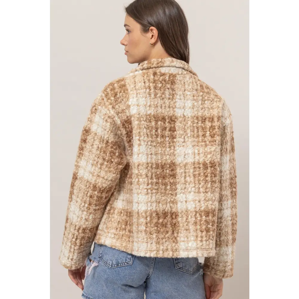 Elevate your wardrobe with luxurious plaid collared boucle jacket $47.96 the plaid collared neck boucle jacket