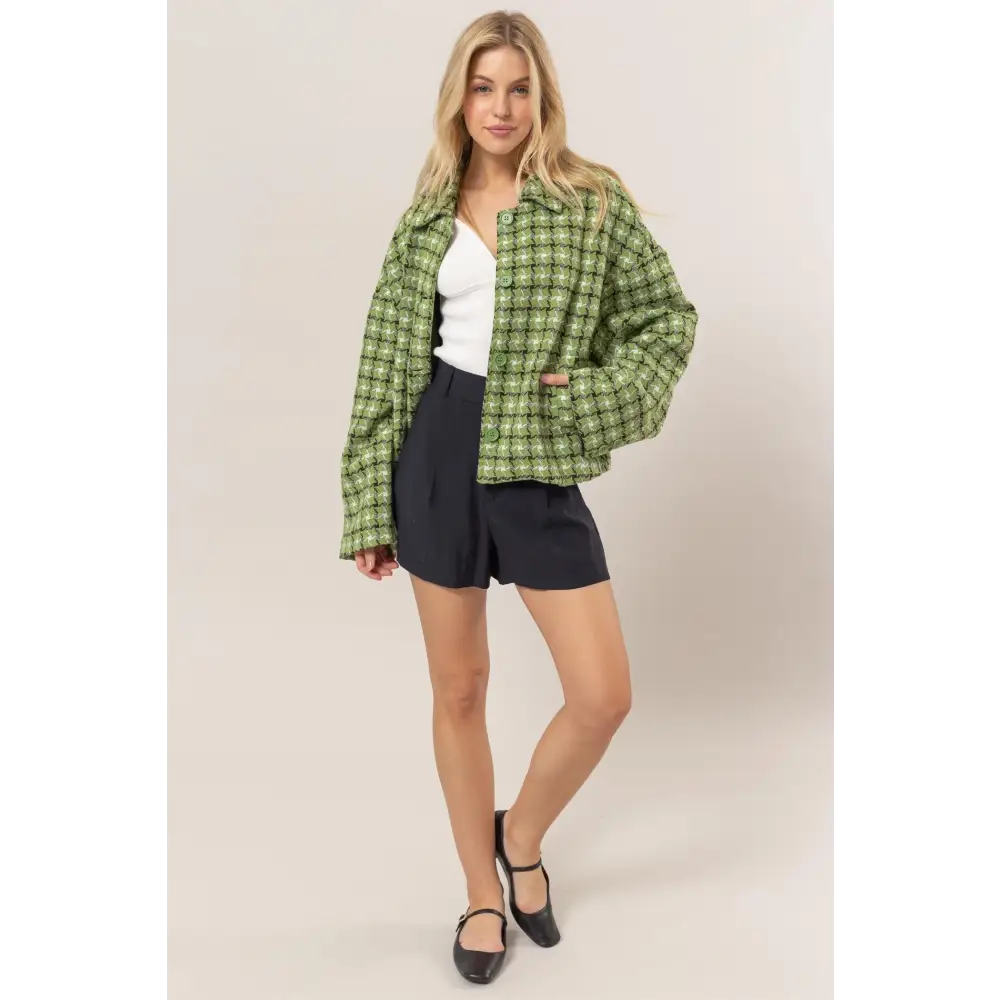 Elevate your wardrobe with the tweed plaid jacket in luxury fashion for women $47.96 the tweed plaid button up collared