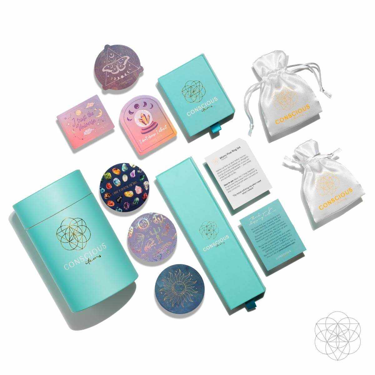 Ice Quartz bracelet packaging set including turquoise box, two white pouches, decorative crystal-themed cards, and informational inserts