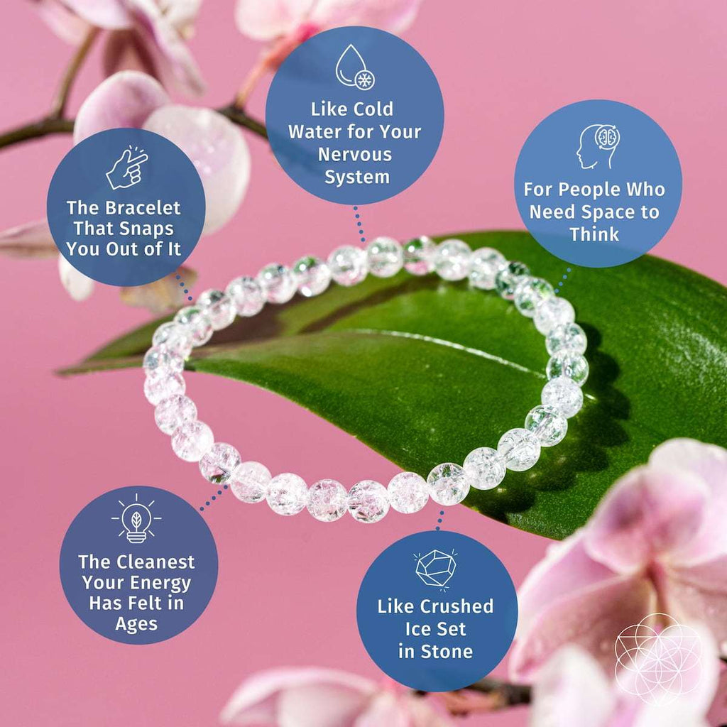Ice Quartz bracelet with 6mm transparent, crackled quartz beads arranged in a circular pattern on a green leaf and pink floral background