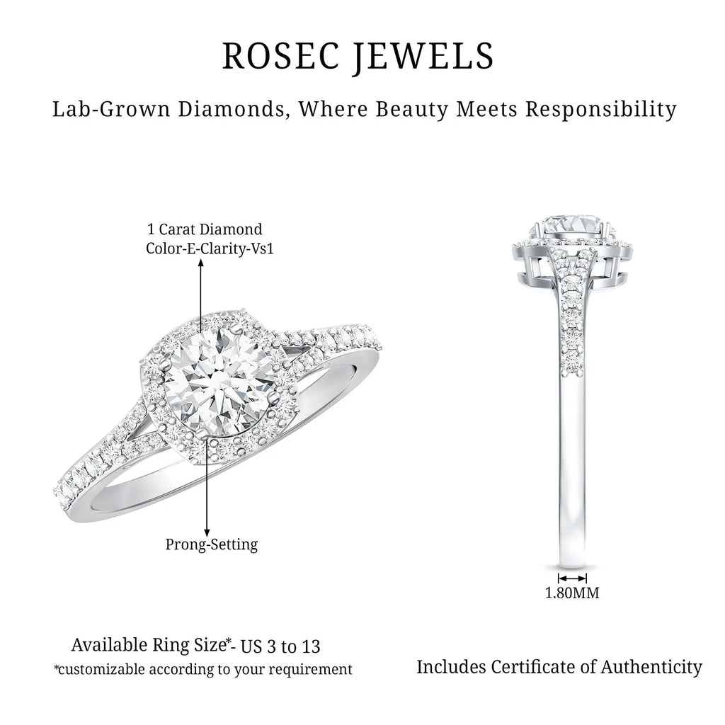 IGI Certified 1 Carat Lab Grown Diamond Halo Engagement Ring for Women