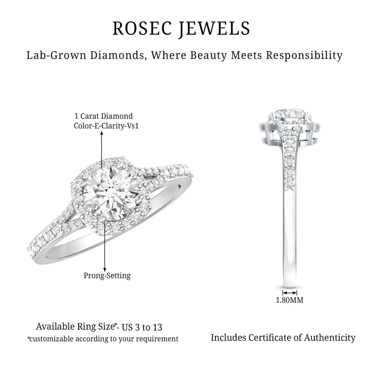 IGI Certified 1 Carat Lab Grown Diamond Halo Engagement Ring for Women