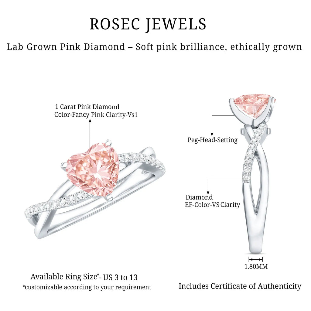 IGI Certified 1 CT Solitaire Lab Grown Pink Diamond Heart Engagement Ring