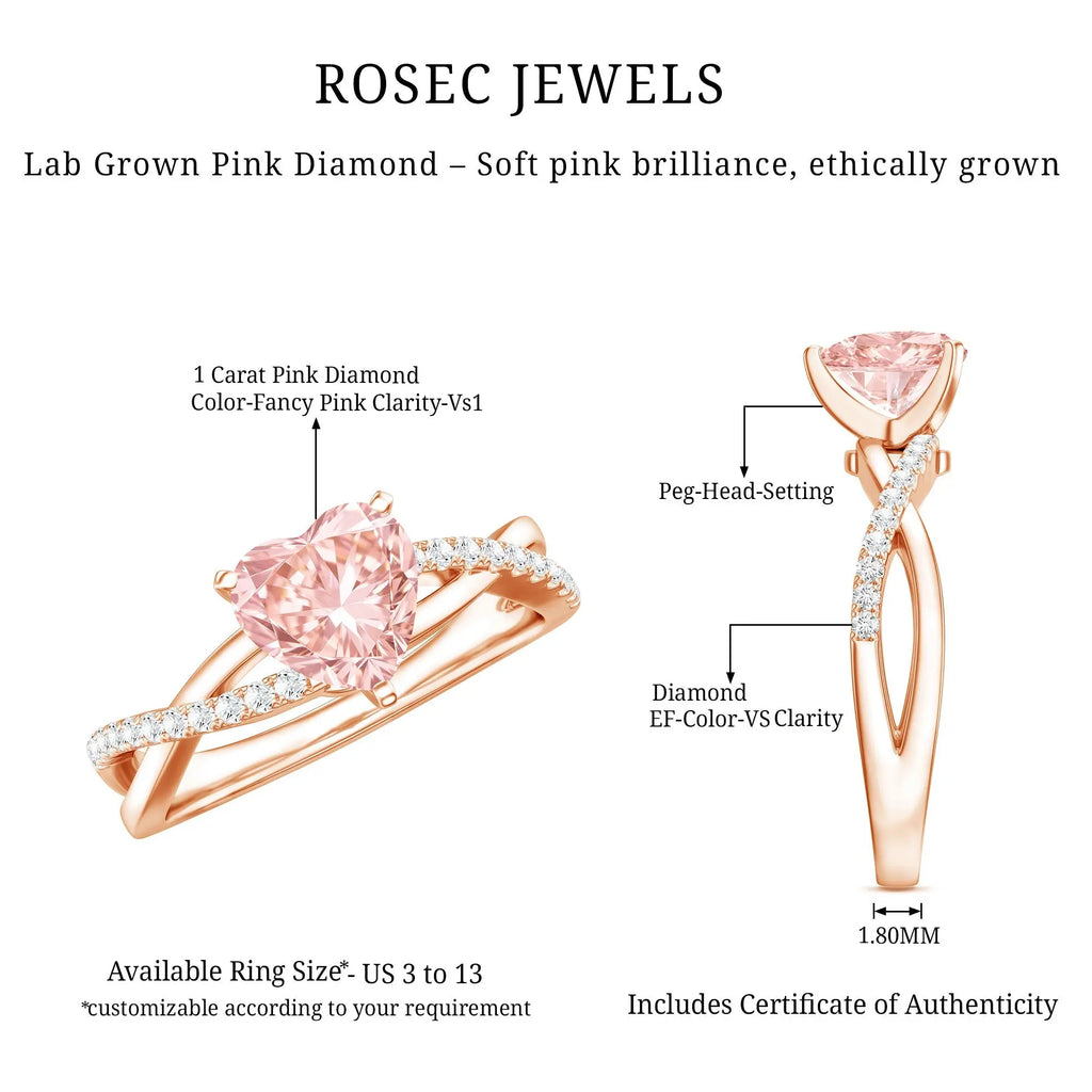 IGI Certified 1 CT Solitaire Lab Grown Pink Diamond Heart Engagement Ring