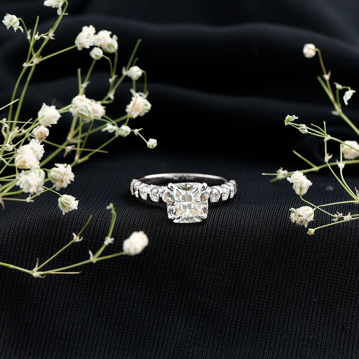 IGI Certified 2 Carat Cushion Cut Lab Grown Diamond Engagement Ring with Side Stones