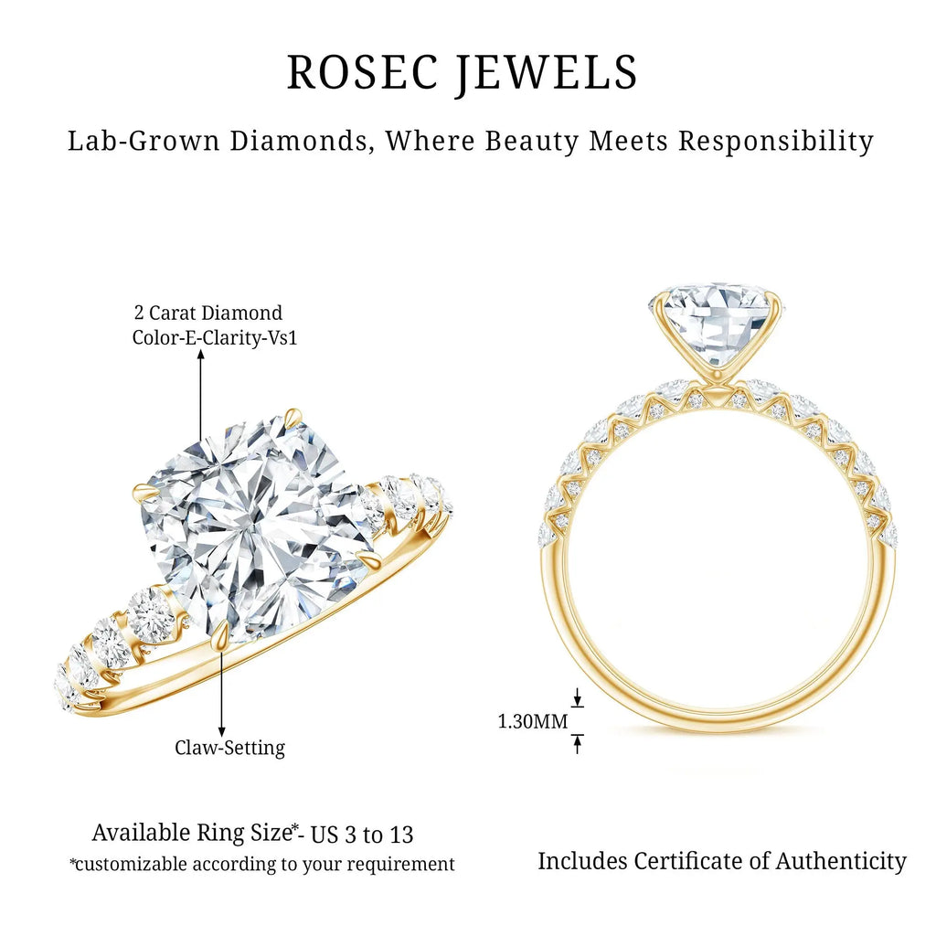 IGI Certified 2 Carat Cushion Cut Lab Grown Diamond Engagement Ring with Side Stones
