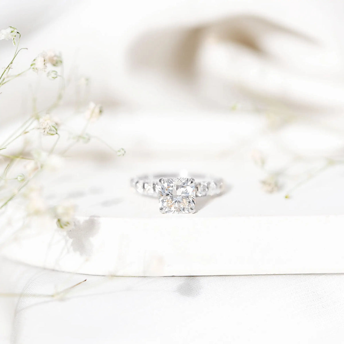IGI Certified 2 Carat Cushion Cut Lab Grown Diamond Engagement Ring with Side Stones