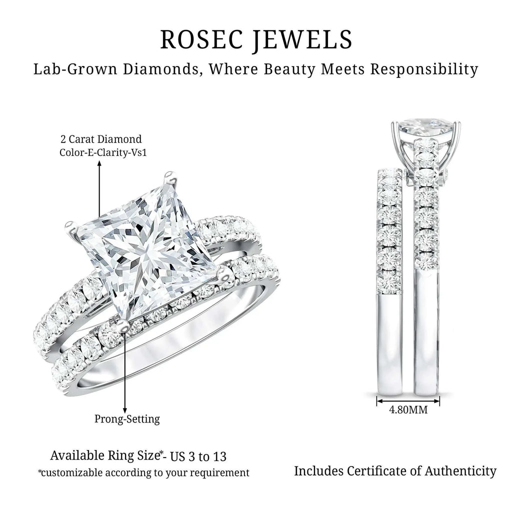 IGI Certified 2 Carat Lab Grown Diamond Princess Cut Bridal Ring Set