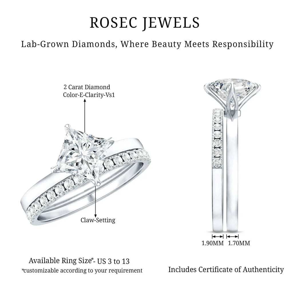 IGI Certified 2 Carat Lab Grown Diamond Princess Cut Bridal Ring Set for Her