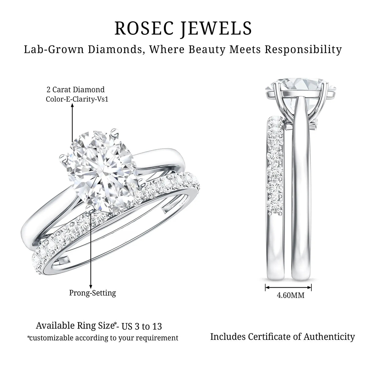 IGI Certified 2 Carat Oval Lab Grown Diamond Bridal Ring Set of 2