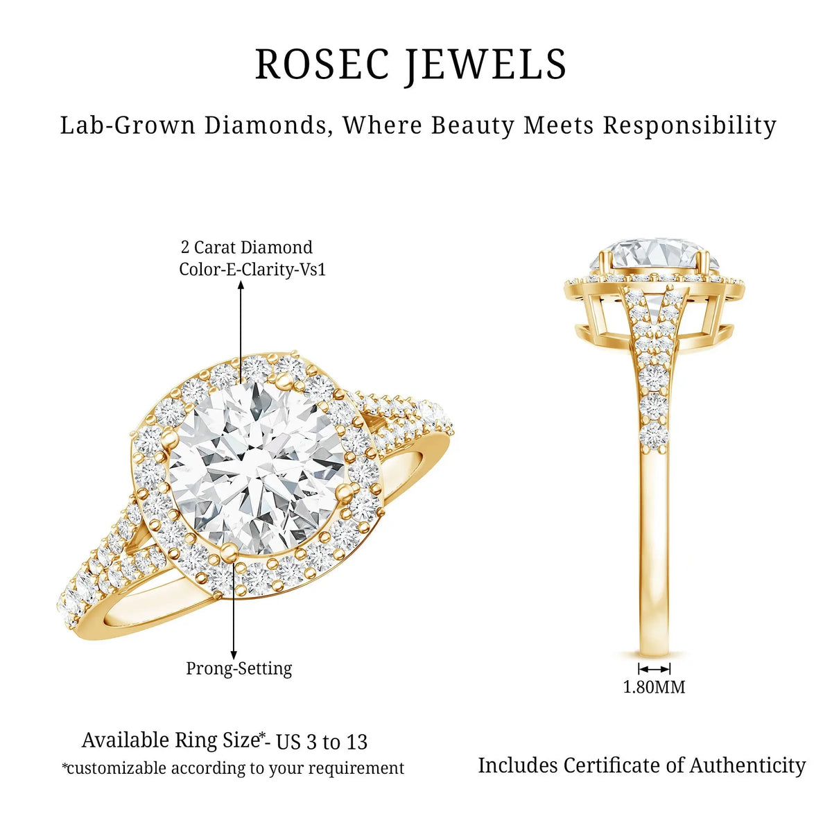 IGI Certified 2 Carat Round Lab Grown Diamond Statement Engagement Ring