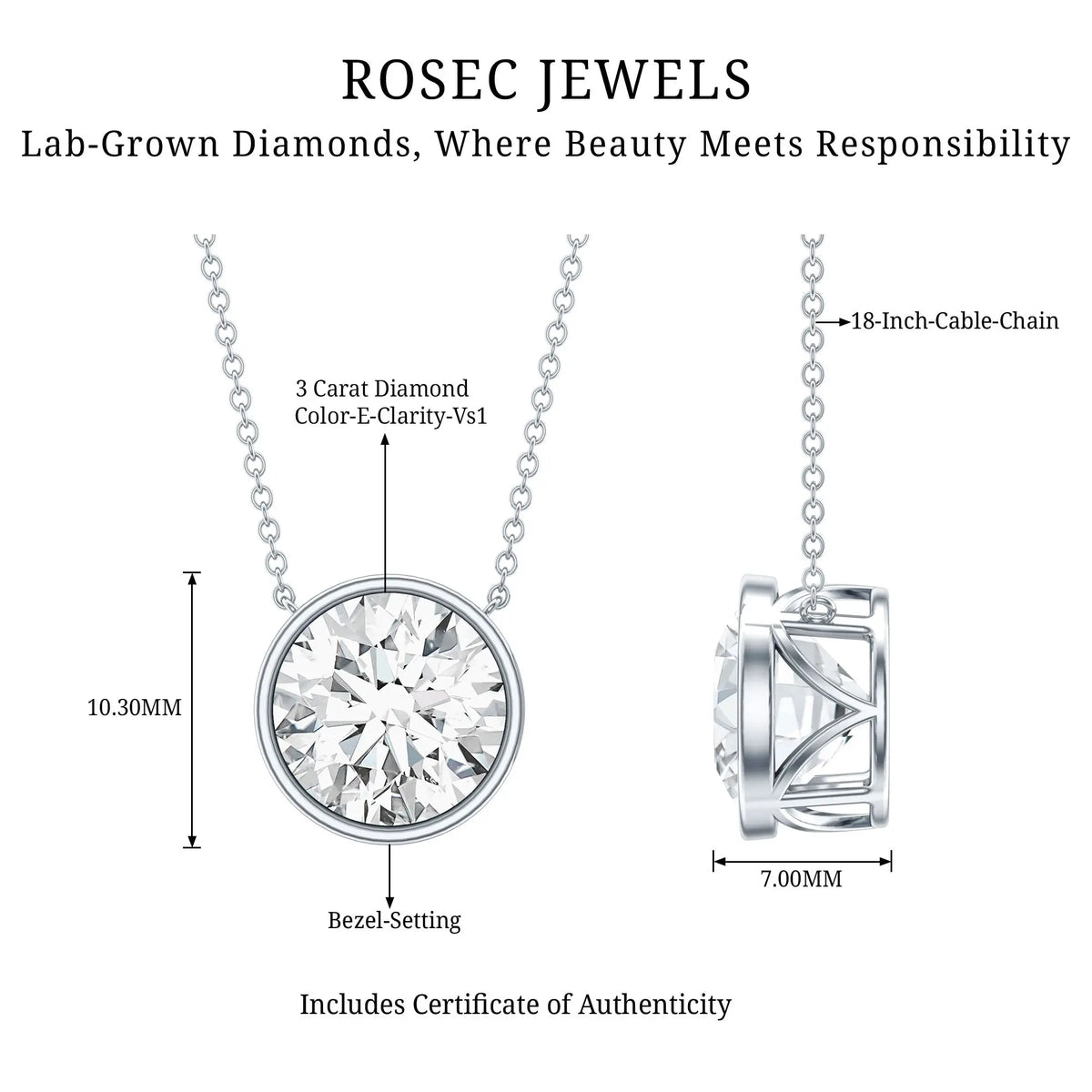 IGI Certified 3 Carat Lab Grown Diamond Solitaire Necklace for Women