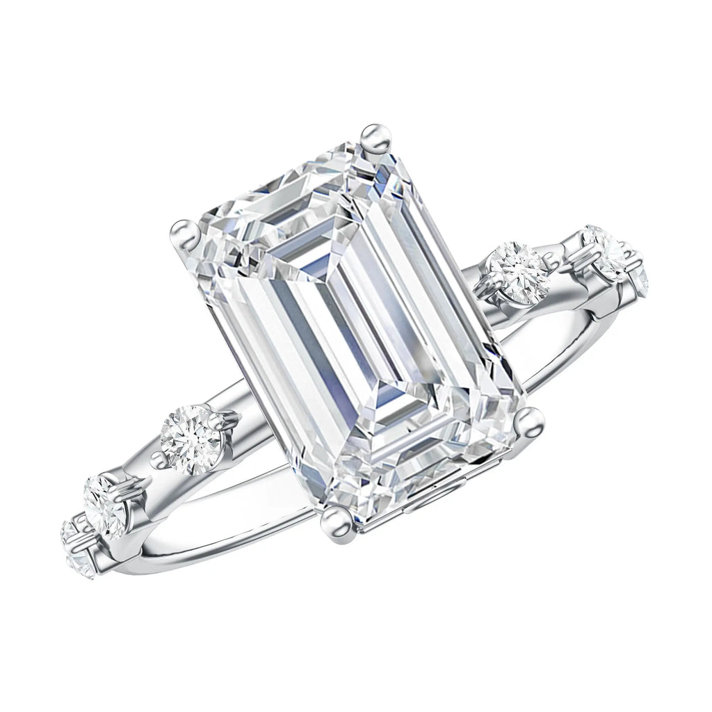 IGI Certified 4 Carat emerald cut lab grown diamond engagement ring with spaced round accent diamonds on polished band