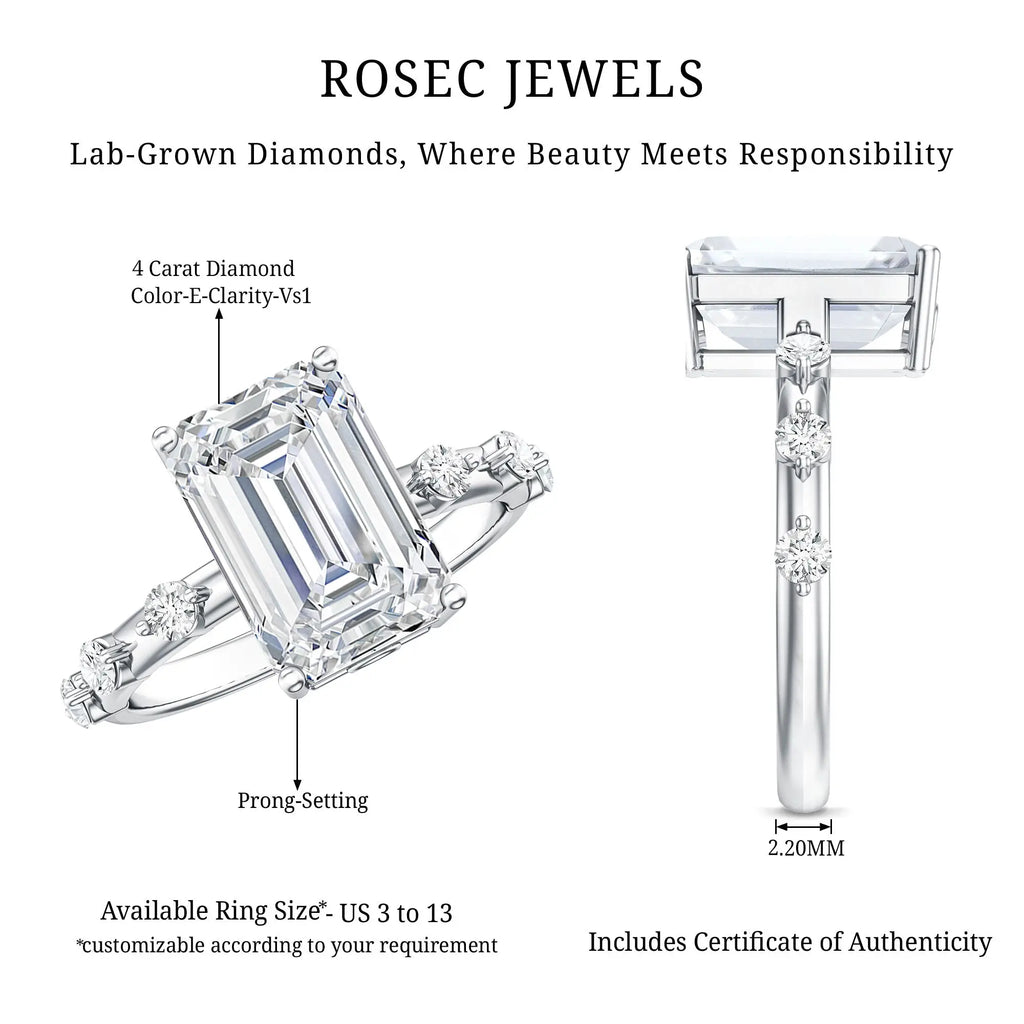 IGI Certified 4 Carat emerald cut lab grown diamond engagement ring in prong setting with spaced round accent stones on polished band