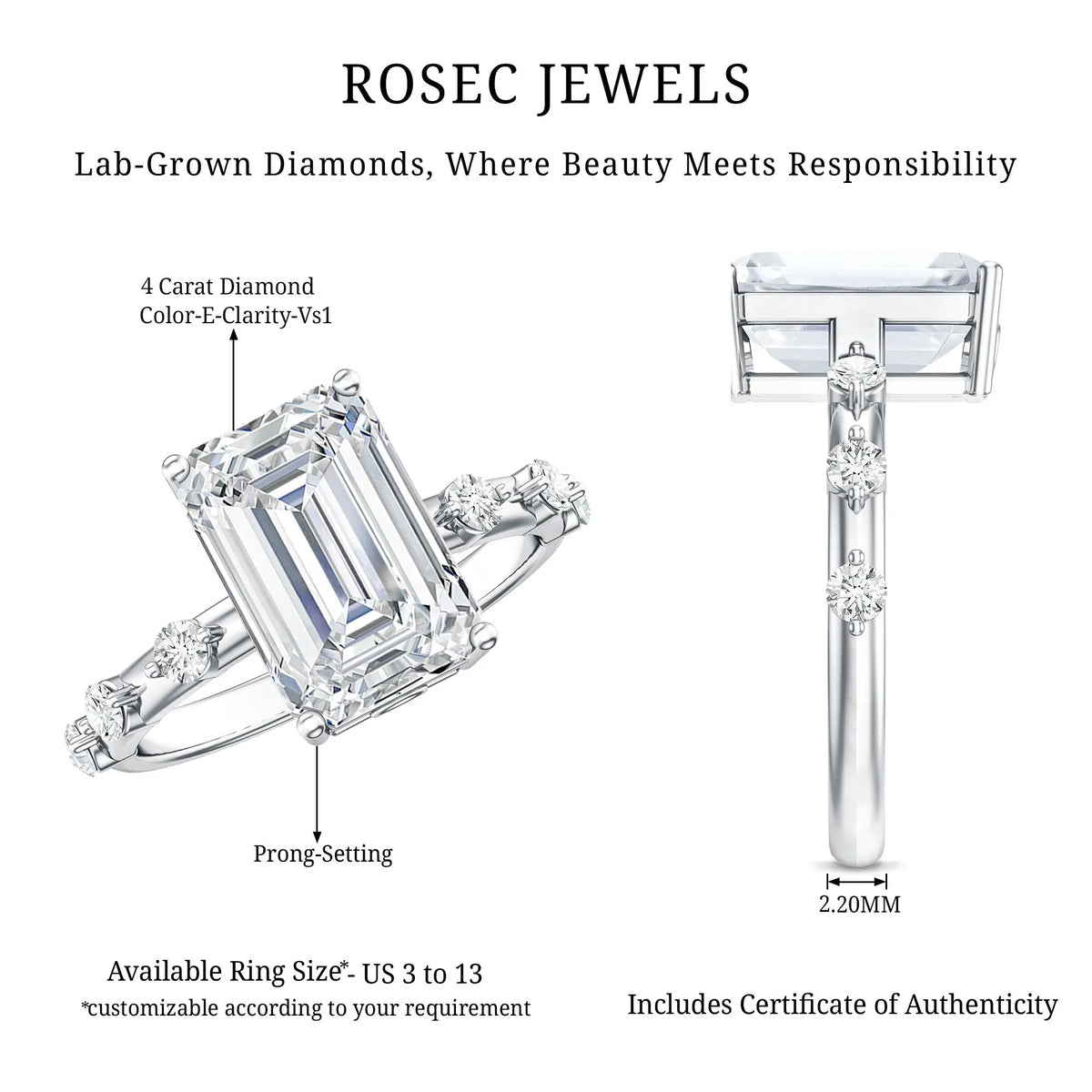 IGI Certified 4 Carat emerald cut lab grown diamond engagement ring in prong setting with spaced round accent stones on polished band