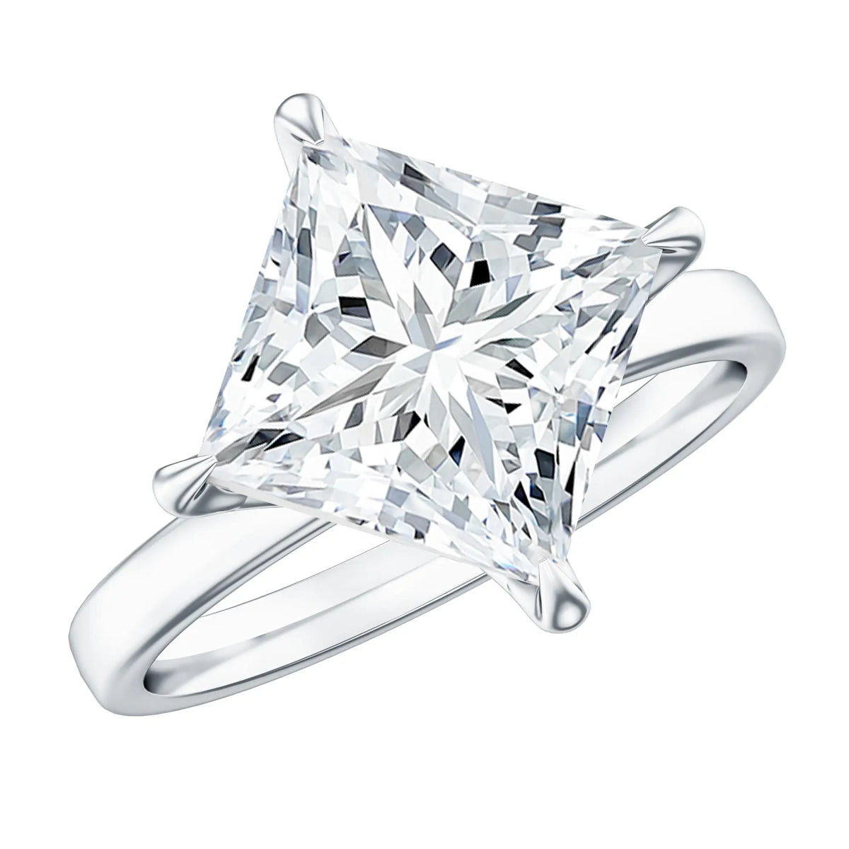 IGI Certified Diamond 4 carat princess cut colorless lab grown diamond engagement ring with polished silver claw setting