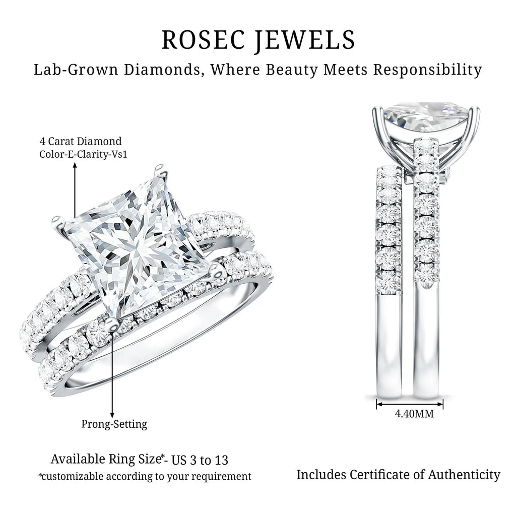 IGI Certified 4 Carat Princess Cut Lab Grown Diamond Engagement Ring With Wedding Band