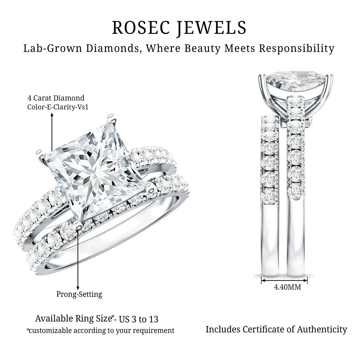 IGI Certified 4 Carat Princess Cut Lab Grown Diamond Engagement Ring With Wedding Band