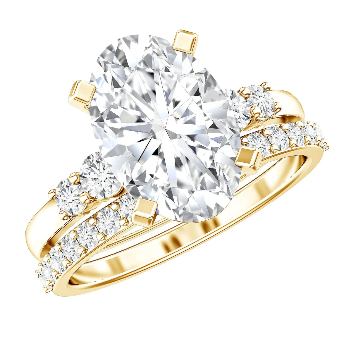 IGI Certified Diamond 3 carat oval cut center stone with round brilliant side stones set in a yellow gold wedding ring set