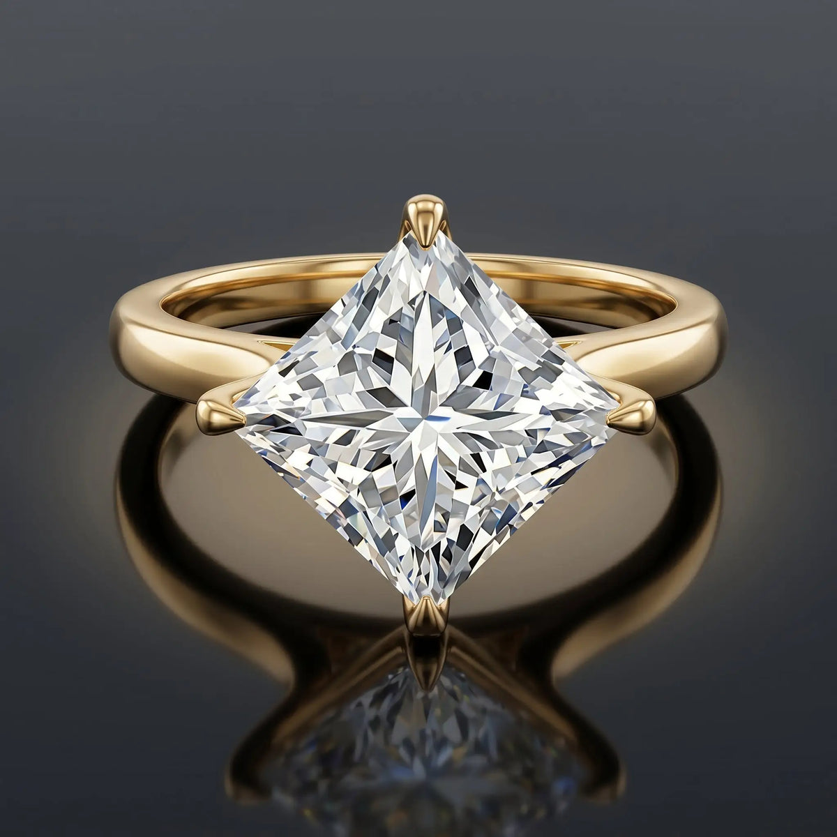 IGI Certified Diamond 4 carat princess cut lab grown diamond engagement ring with a yellow gold claw setting