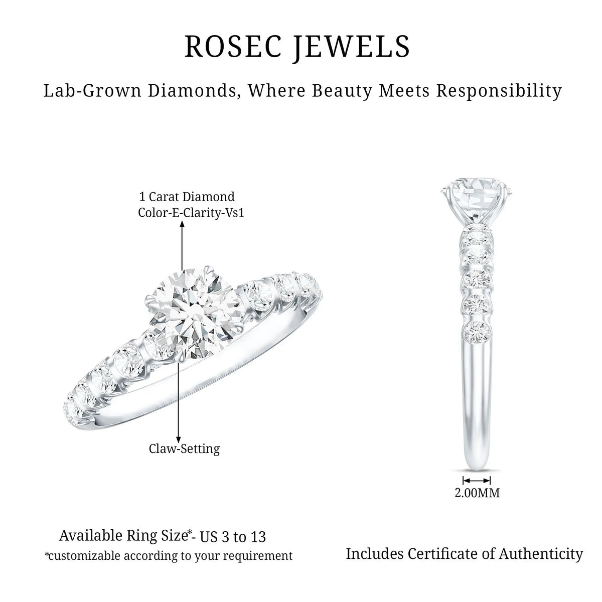IGI Certified Round Lab Grown Diamond Side Stone Engagement Ring