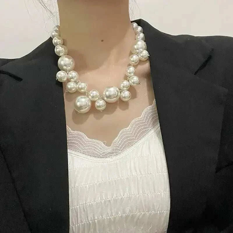 Imitation Pearl Women's Necklace featuring large white round simulated pearls arranged in a statement choker style