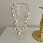 Imitation Pearl Women's Necklace featuring large round white simulated pearls with silver chain links, displayed on a clear glass