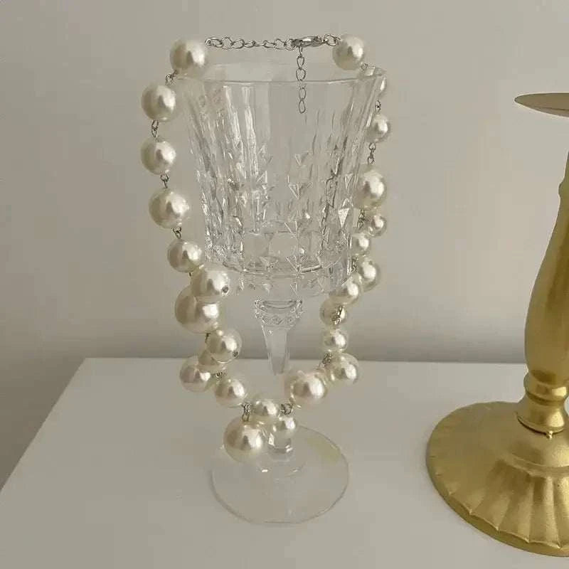 Imitation Pearl Women's Necklace featuring large white simulated pearls with silver-tone chain links and adjustable clasp