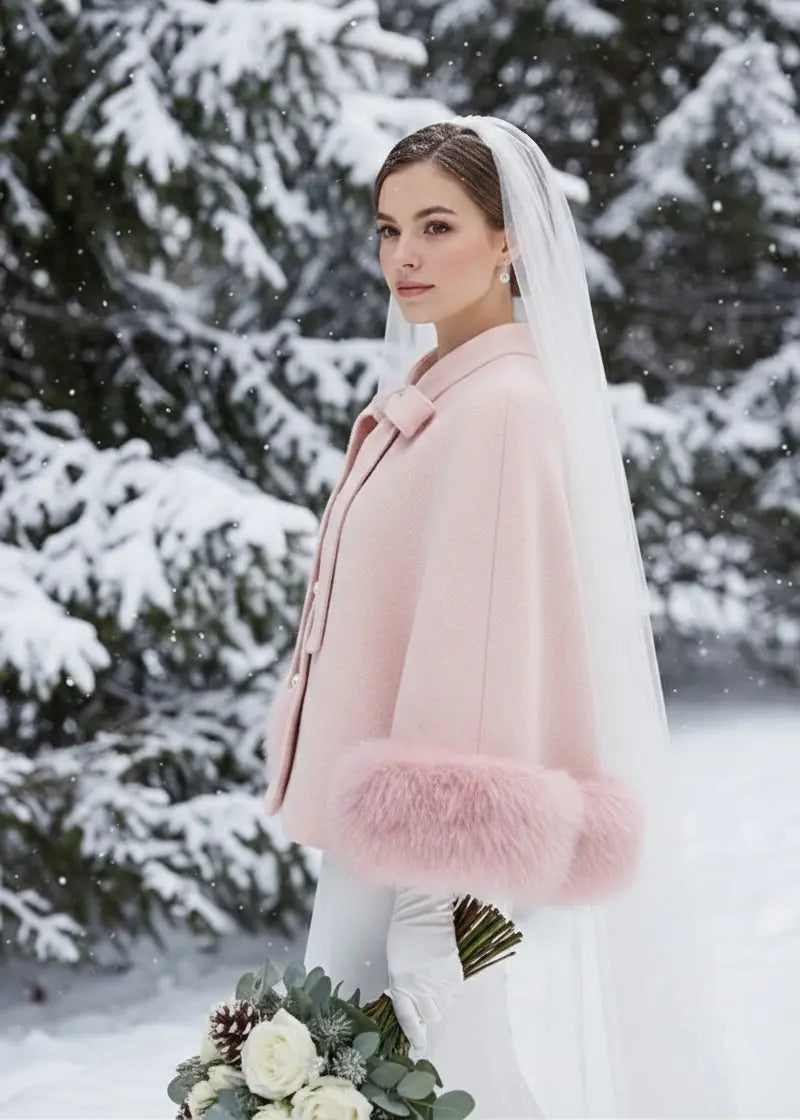 Ivory Cream Bridal Cape with Faux Fur Trim (Amanda Ivy06)