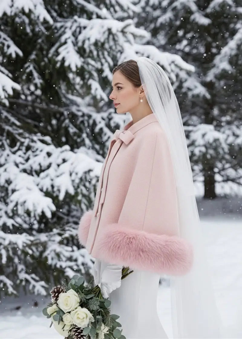 Ivory Cream Bridal Cape with Faux Fur Trim (Amanda Ivy06)