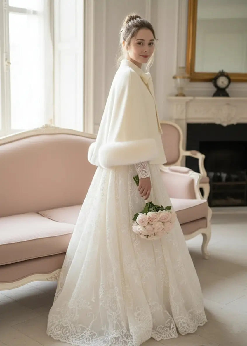 Ivory Cream Bridal Cape with Faux Fur Trim (Amanda Ivy06)