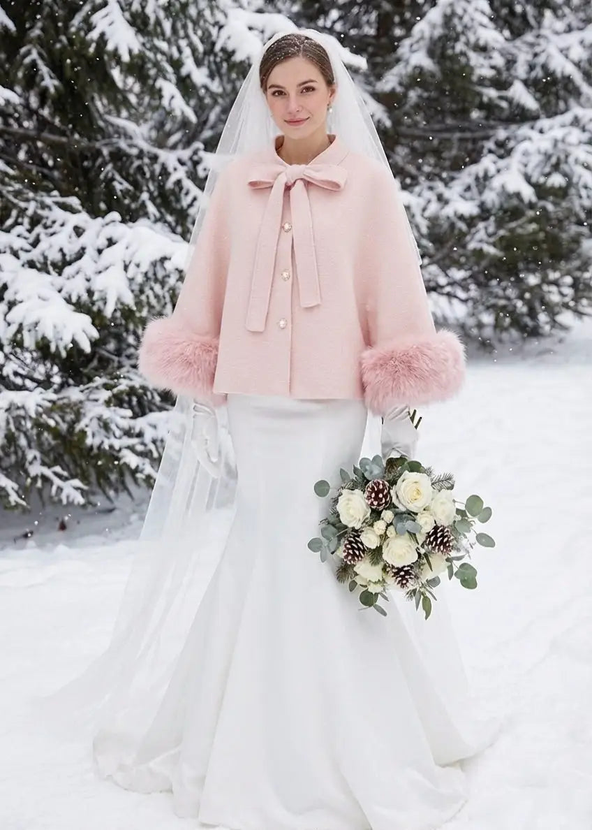 Ivory Cream Bridal Cape with Faux Fur Trim (Amanda Ivy06)